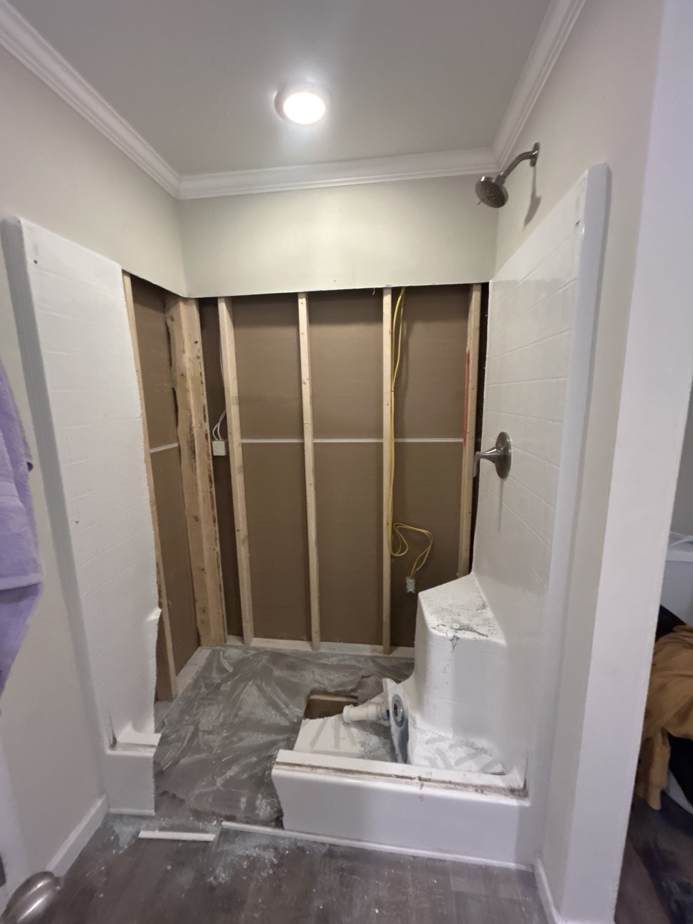 Demo'd shower stall stripped to studs with plumbing rough-in visible